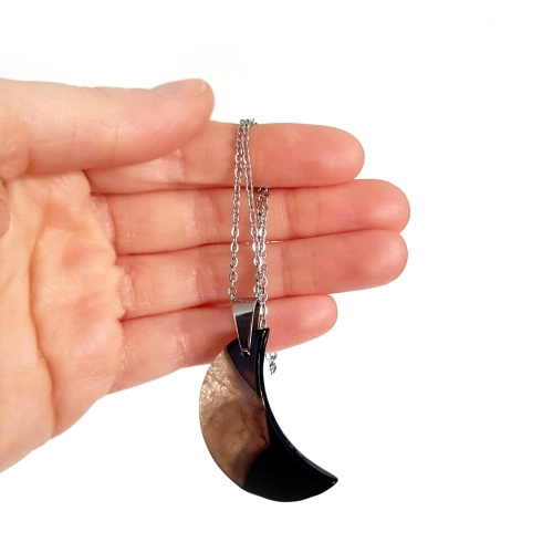 Naszyjnik unikat księżyc czarny agat z kwarcem na srebrnym łańcuszku stal chirurgiczna