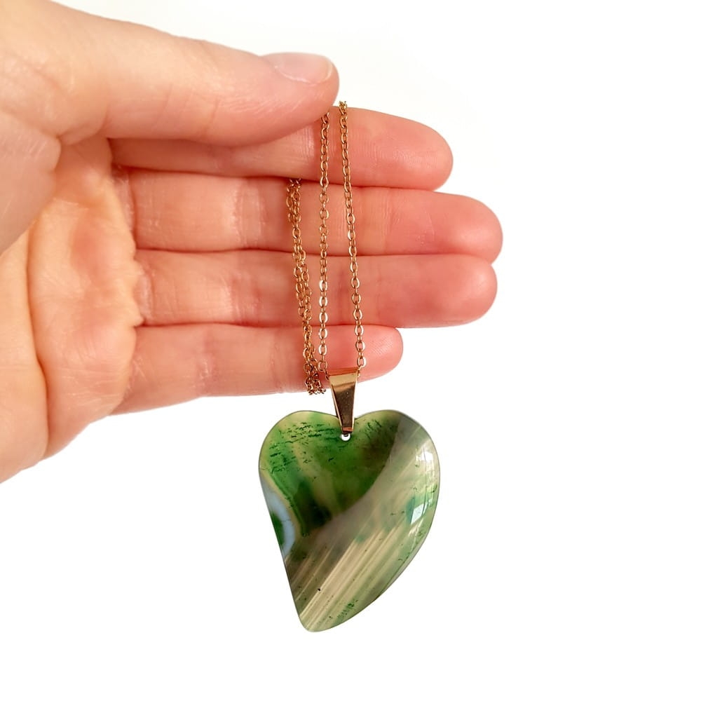 Naszyjnik unikat agat zielony podłużne serce na łańcuszku złota stal chirurgiczna