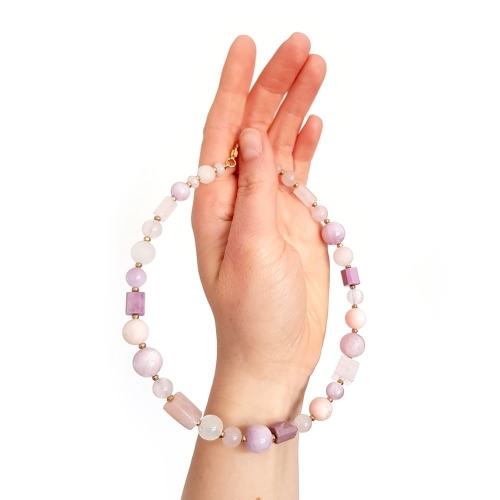 Bohemian naszyjnik choker unikat kwarc różowy, kunzyt, fosfosyderyt, jadeit, różowy opal i hematyt