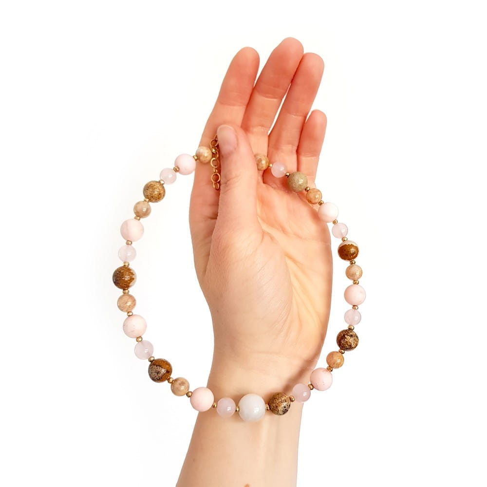 Bohemian naszyjnik choker unikat kamień słoneczny, kwarc różowy, jaspis pejzażowy, jadeit i hematyt