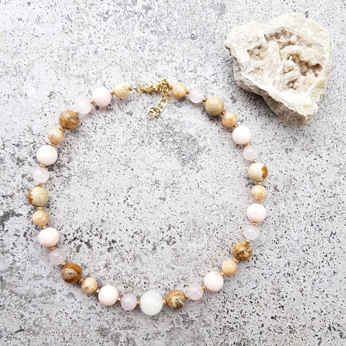 Bohemian naszyjnik choker unikat kamień słoneczny, kwarc różowy, jaspis pejzażowy, jadeit i hematyt