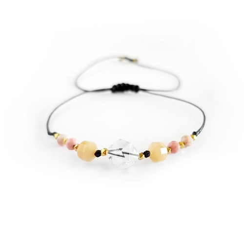 Bransoletka kryształ górski, kamień słoneczny, rodonit i hematyt na czarnym sznurku