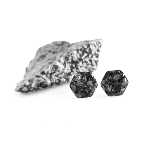 Kolczyki sztyfty heksagony obsydian śnieżny w żywicy srebro p.925 Sparkles snowy