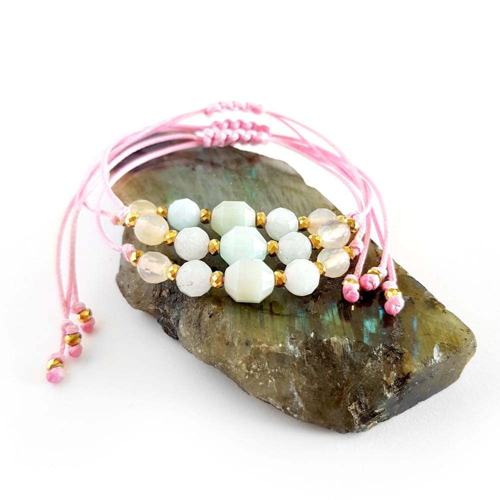 Bransoletka amazonit, akwamaryn, żółty agat i hematyt na różowym sznurku