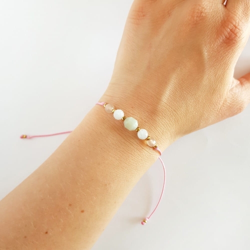 Bransoletka amazonit, akwamaryn, żółty agat i hematyt na różowym sznurku