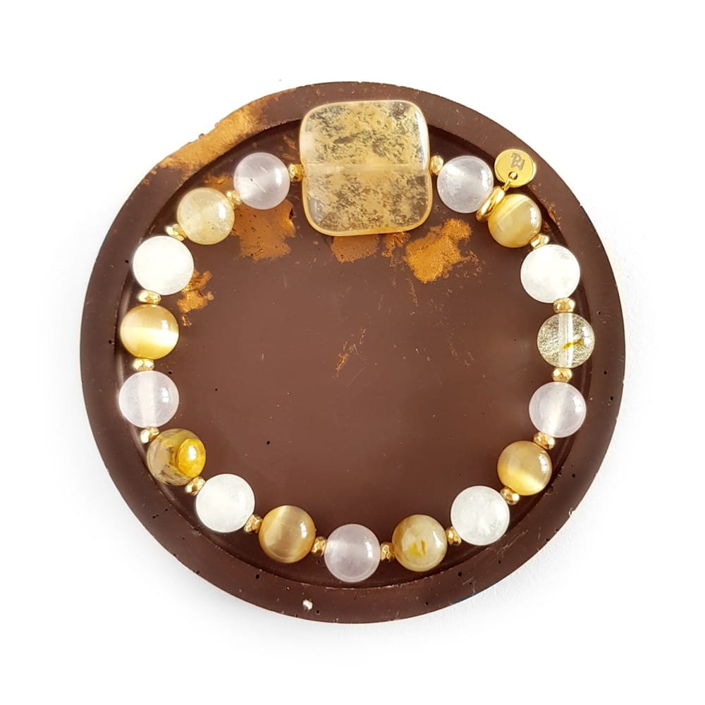 Bohemian bransoletka unikat beżowy kwarc mszysty, kwarc różowy, kwarc tygrysi, kryształ górski i hematyt