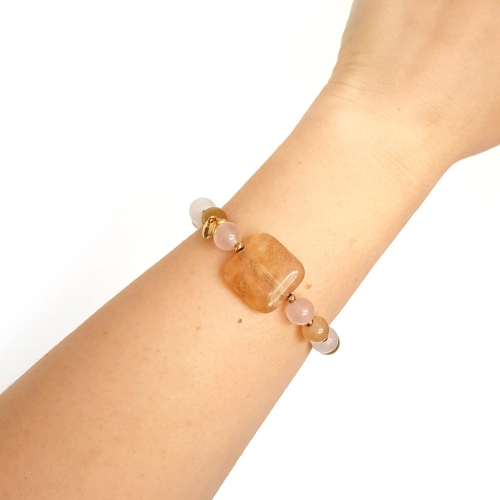 Bohemian bransoletka unikat beżowy kwarc mszysty, kwarc różowy, kwarc tygrysi, kryształ górski i hematyt