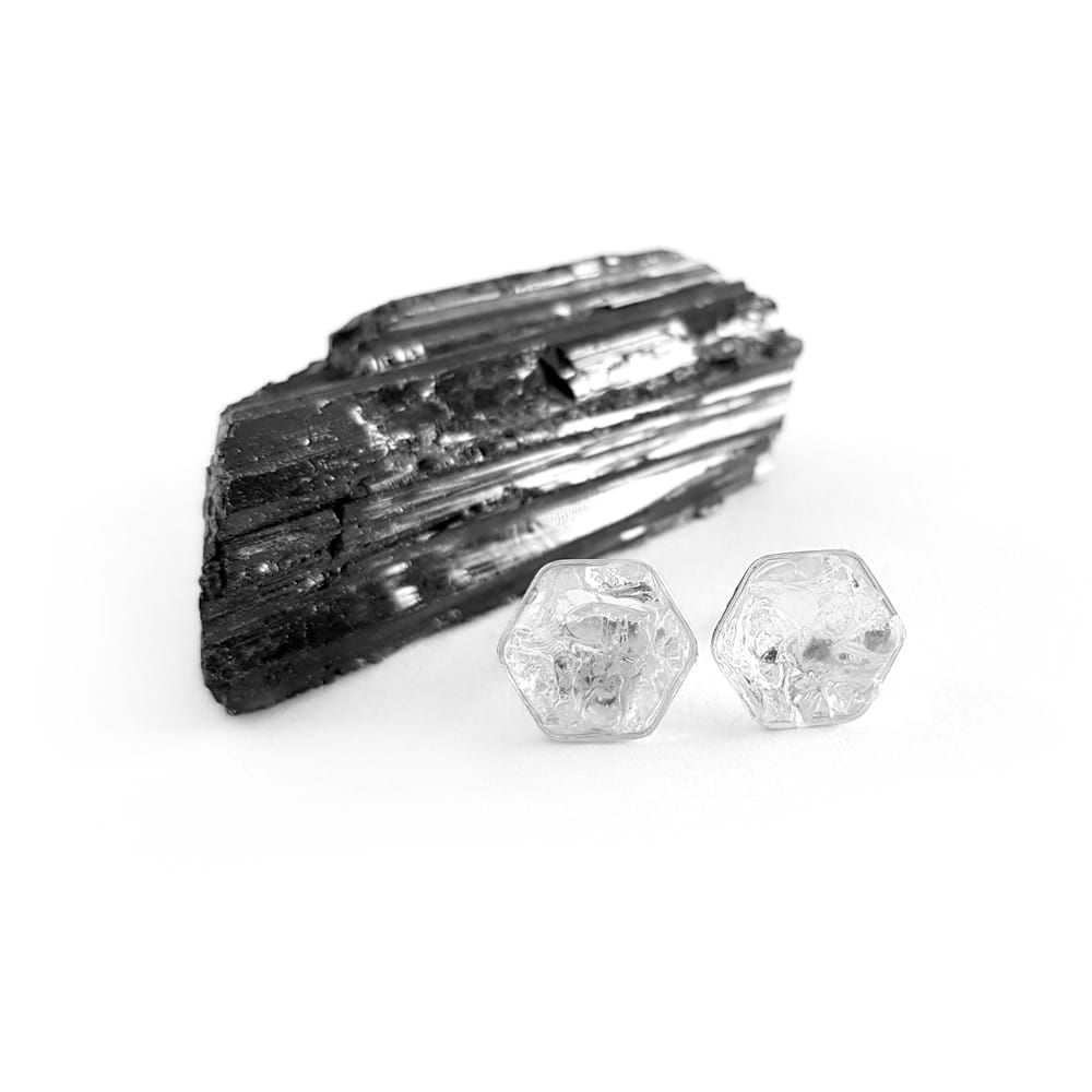 Kolczyki sztyfty heksagony kryształ górski w żywicy srebro p.925 Sparkles crystal