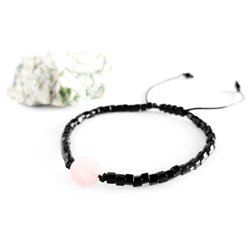 Męska bransoletka na sznurku kwarc różowy Little rosequartz nugget polished black