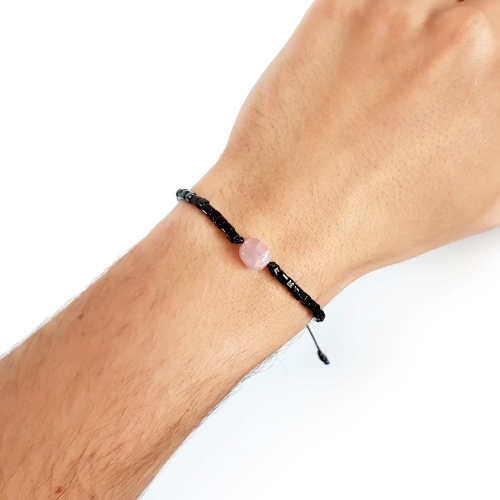 Męska bransoletka na sznurku kwarc różowy Little rosequartz nugget polished black