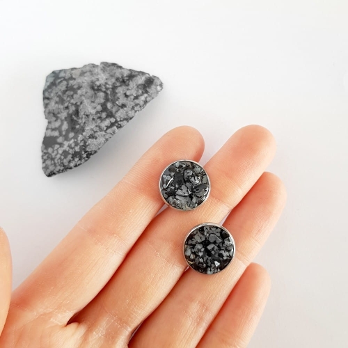 Spinki do mankietów obsydian śnieżny w żywicy stal chirurgiczna Sparkles snowy