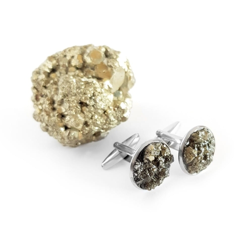 Spinki do mankietów piryt w żywicy stal chirurgiczna Sparkles pyrite