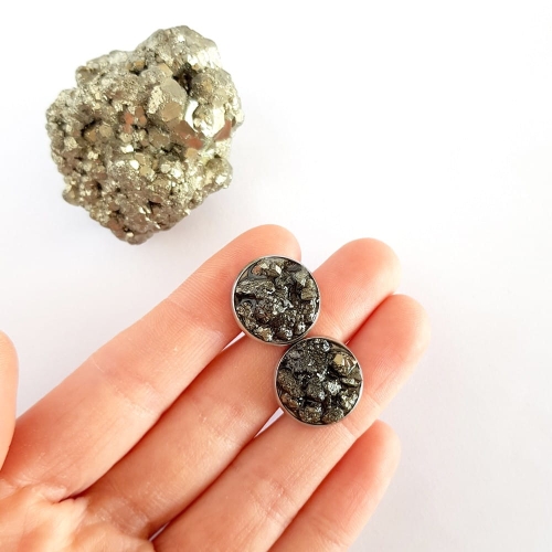 Spinki do mankietów piryt w żywicy stal chirurgiczna Sparkles pyrite