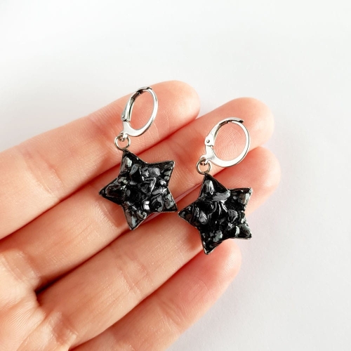 Kolczyki wiszące gwiazdki obsydian śnieżny w żywicy stal chirurgiczna Sparkles snowy