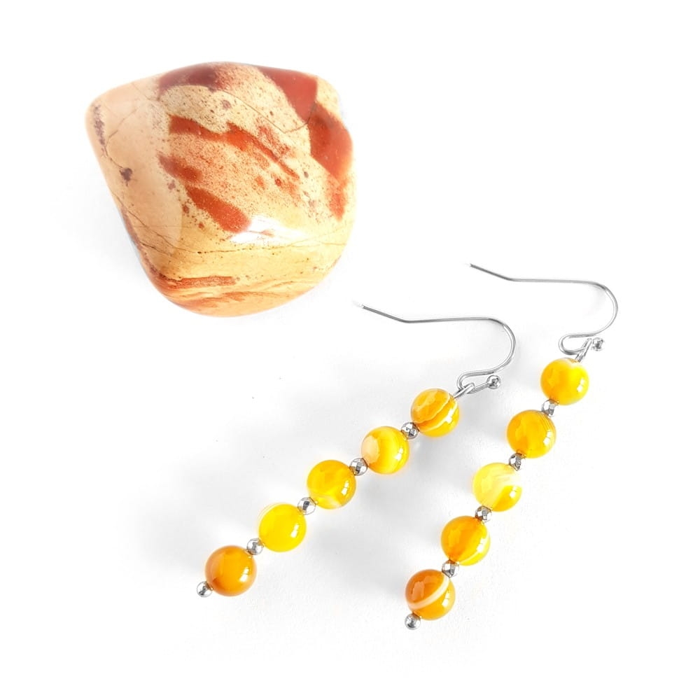 Kolczyki żółty agat pasiasty, hematyt i stal chirurgiczna