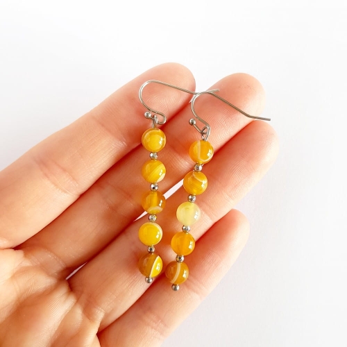 Kolczyki żółty agat pasiasty, hematyt i stal chirurgiczna