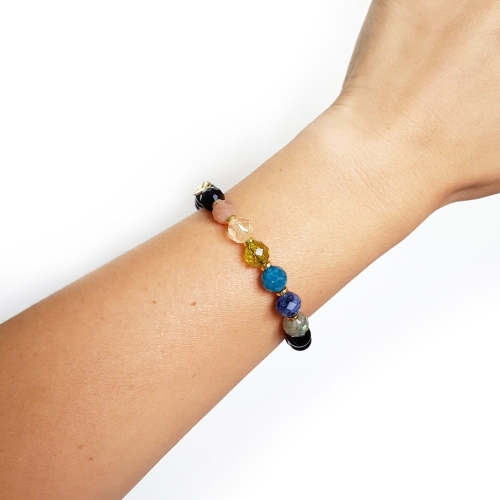 Bransoletka Balance - wszystkie czakry - labradoryt, sodalit, apatyt, peridot, cytryn, kamień słoneczny, czarny agat i onyks