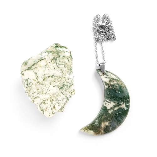 Naszyjnik unikat agat mszysty księżyc na srebrnym łańcuszku stal chirurgiczna