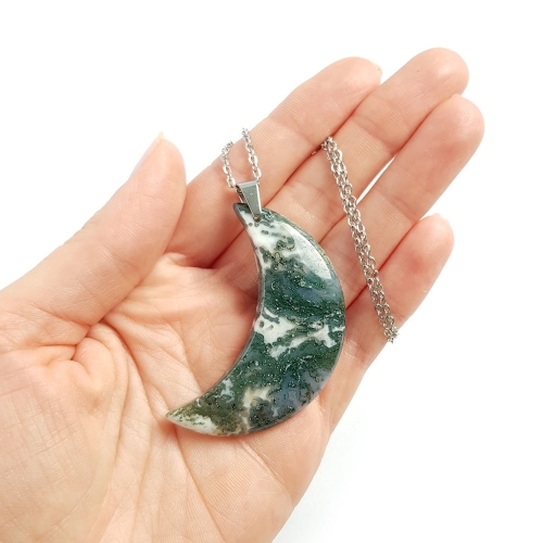Naszyjnik unikat agat mszysty księżyc na srebrnym łańcuszku stal chirurgiczna
