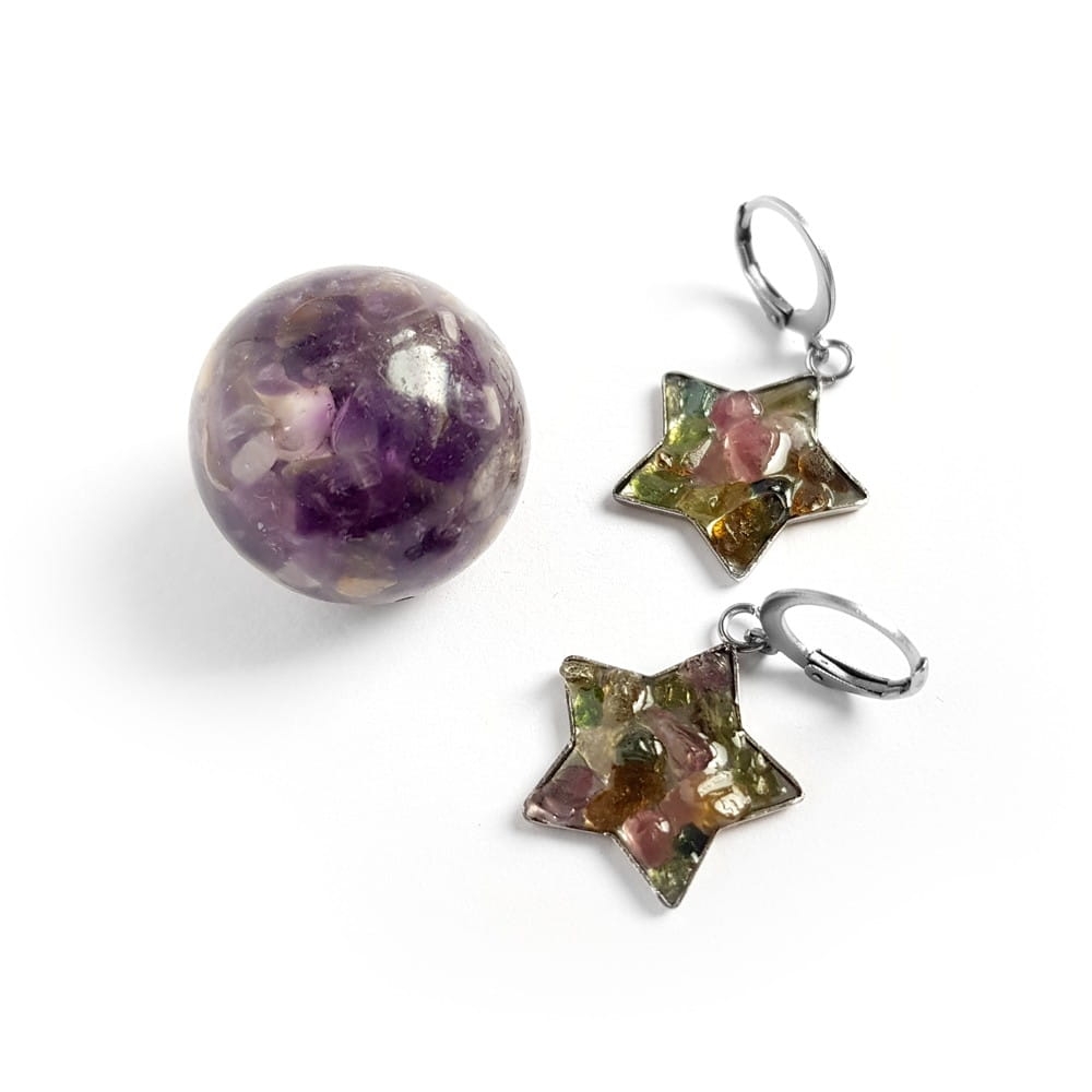 Kolczyki wiszące gwiazdki kolorowe turmaliny w żywicy stal chirurgiczna Sparkles tourmaline