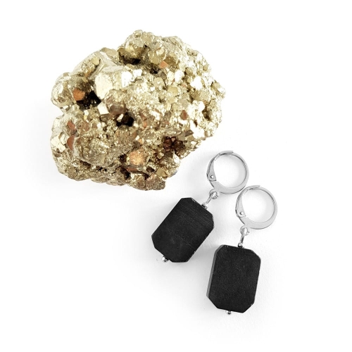 Kolczyki wiszące czarny turmalin bryłki stal chirurgiczna