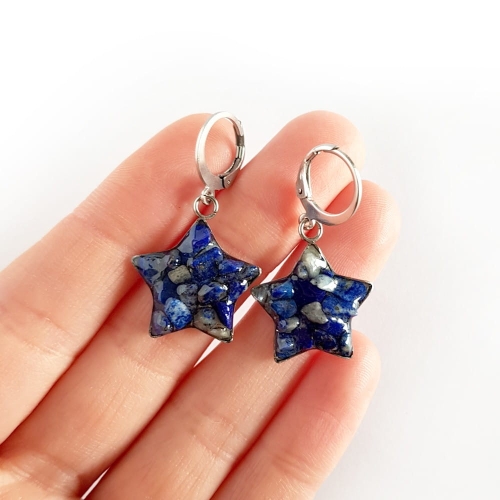 Kolczyki wiszące gwiazdki lapis lazuli w żywicy stal chirurgiczna Sparkles lapis
