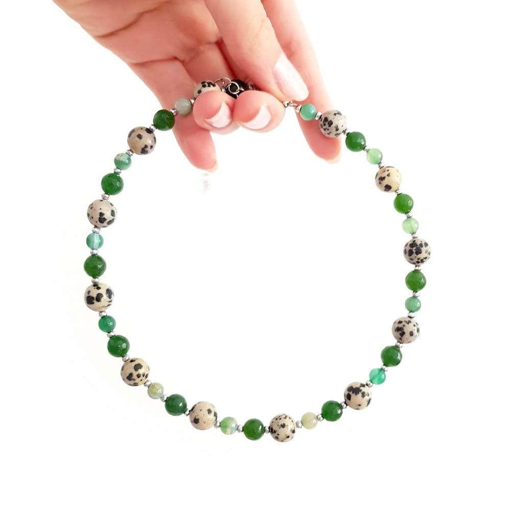 Bohemian naszyjnik choker unikat zielony agat, jaspis dalmatyńczyk, jadeit i hematyt