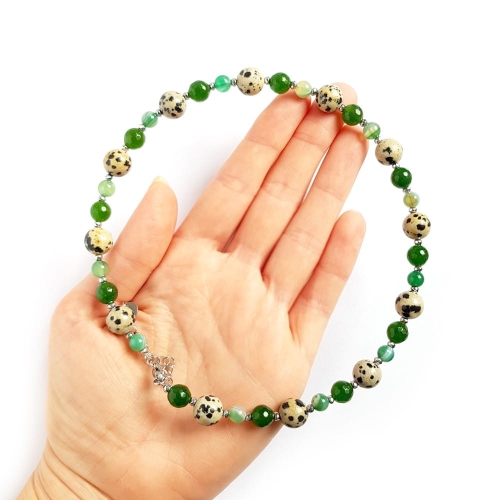 Bohemian naszyjnik choker unikat zielony agat, jaspis dalmatyńczyk, jadeit i hematyt