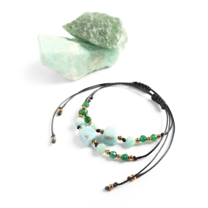 Bransoletka larimar, amazonit, zielony agat i hematyt na czarnym sznurku