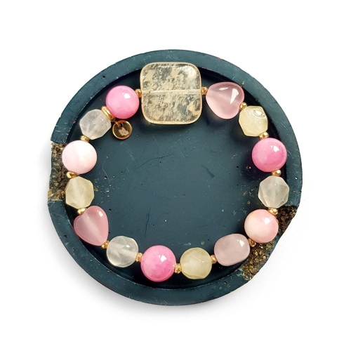 Bohemian bransoletka unikat beżowy kwarc mszysty, jadeit, kwarc różowy, marmurek i hematyt