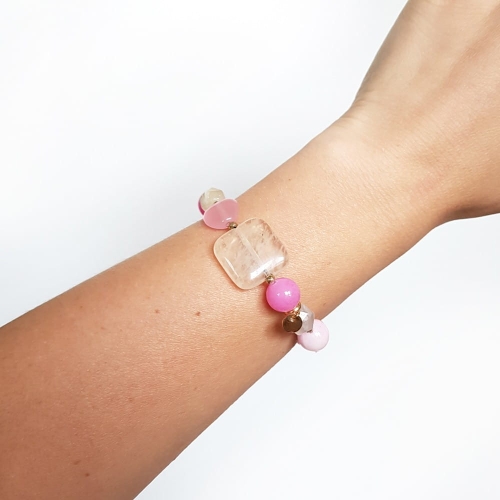 Bohemian bransoletka unikat beżowy kwarc mszysty, jadeit, kwarc różowy, marmurek i hematyt