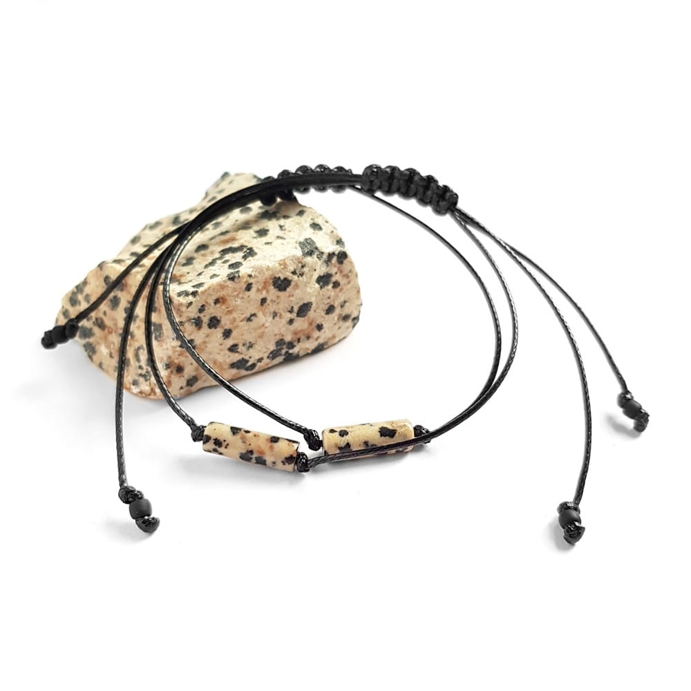 Bransoletka jaspis dalmatyńczyk patyczek na czarnym sznurku Dalmatian stick