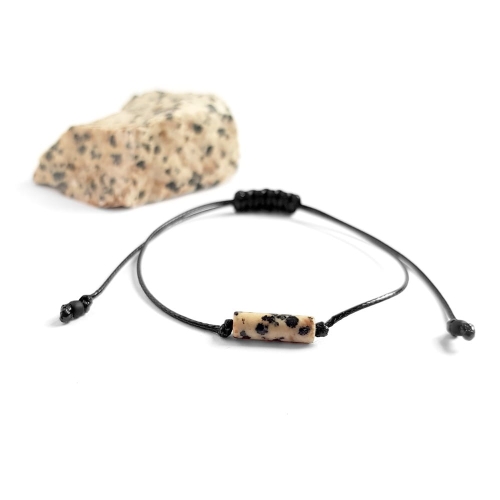 Bransoletka jaspis dalmatyńczyk patyczek na czarnym sznurku Dalmatian stick