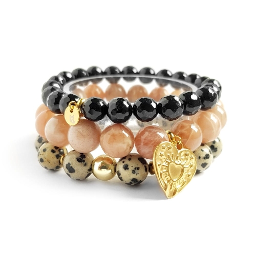 Zestaw bransoletek czarny onyks, kamień słoneczny, jaspis dalmatyńczyk i hematyt For your heart