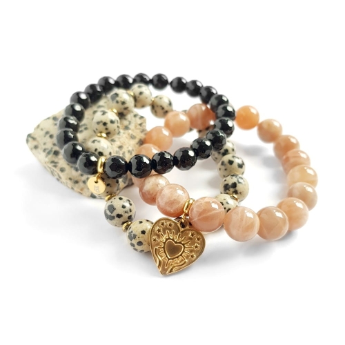 Zestaw bransoletek czarny onyks, kamień słoneczny, jaspis dalmatyńczyk i hematyt For your heart