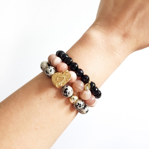Zestaw bransoletek czarny onyks, kamień słoneczny, jaspis dalmatyńczyk i hematyt For your heart