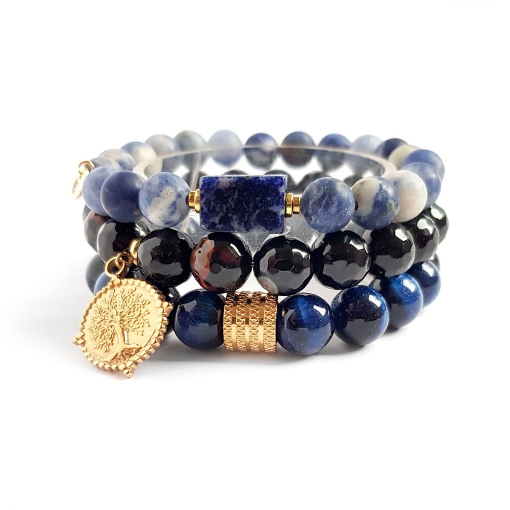 Zestaw bransoletek sodalit, czarny agat pasiaty, niebieskie tygrysie oko i hematyt Deeper blue