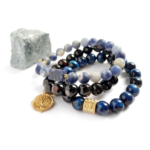Zestaw bransoletek sodalit, czarny agat pasiaty, niebieskie tygrysie oko i hematyt Deeper blue