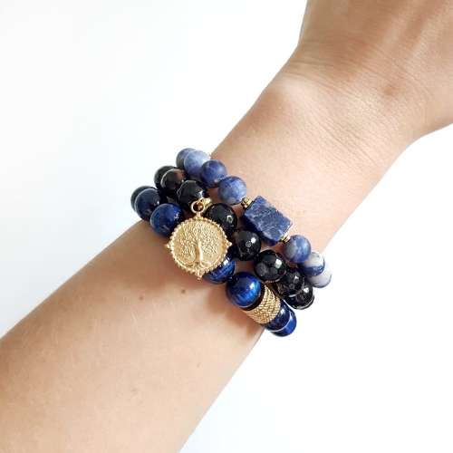 Zestaw bransoletek sodalit, czarny agat pasiaty, niebieskie tygrysie oko i hematyt Deeper blue