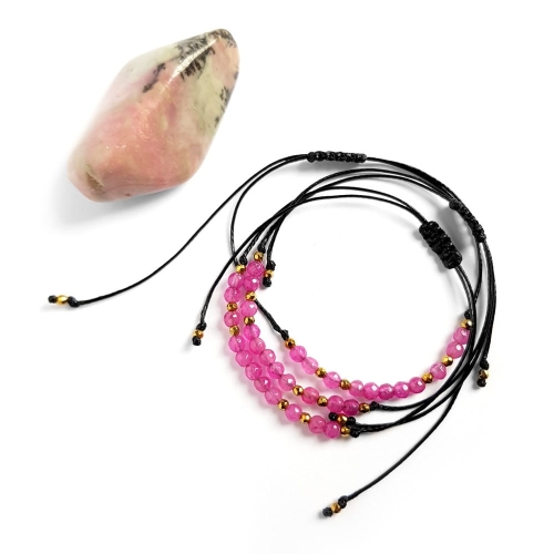 Bransoletka różowy agat i hematyt na czarnym sznurku