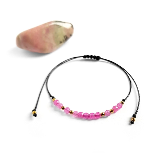 Bransoletka różowy agat i hematyt na czarnym sznurku