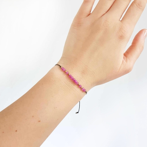 Bransoletka różowy agat i hematyt na czarnym sznurku