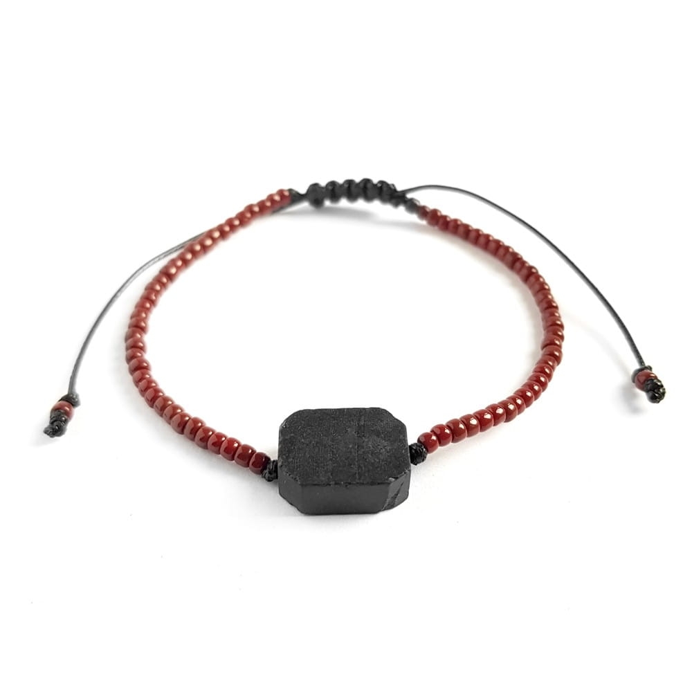 Męska bransoletka na sznurku czarny turmalin Little black cylinder polished brown