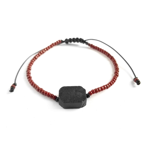 Męska bransoletka na sznurku czarny turmalin Little black cylinder polished brown