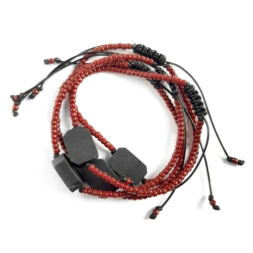 Męska bransoletka na sznurku czarny turmalin Little black cylinder polished brown