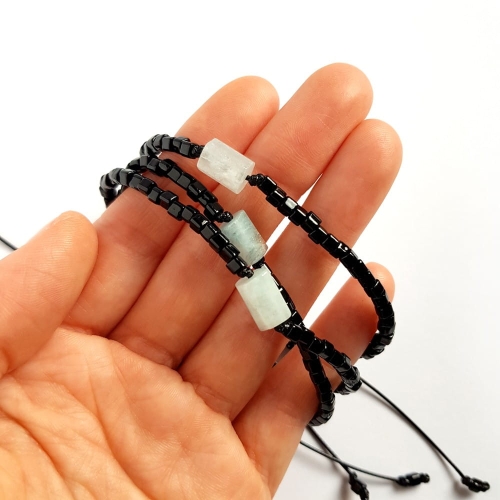Męska bransoletka na sznurku akwamaryn Little aquamarine cylinder polished black