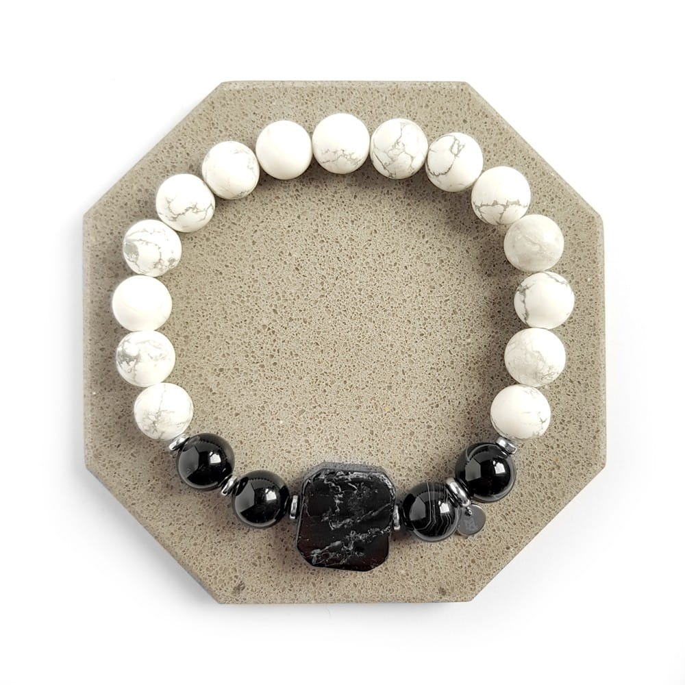Męska bransoletka z kamieni naturalnych czarny turmalin, czarny agat pasiasty, magnezyt i hematyt