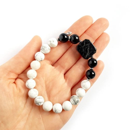 Męska bransoletka z kamieni naturalnych czarny turmalin, czarny agat pasiasty, magnezyt i hematyt