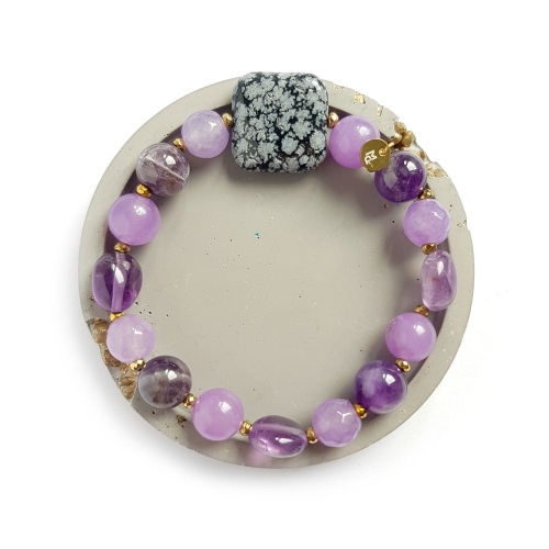 Bohemian bransoletka unikat obsydian śnieżny, ametyst, agat, jadeit i hematyt