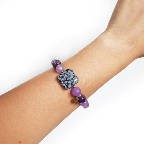 Bohemian bransoletka unikat obsydian śnieżny, ametyst, agat, jadeit i hematyt